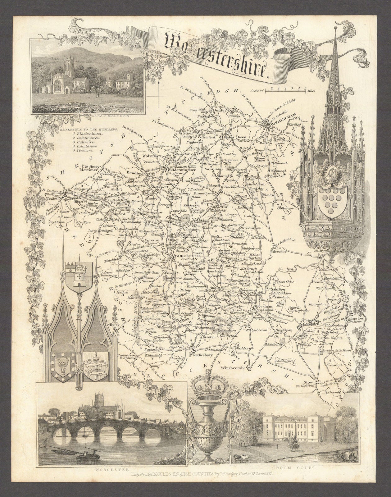 Worcestershire antique county map by Thomas Moule 1837 old chart